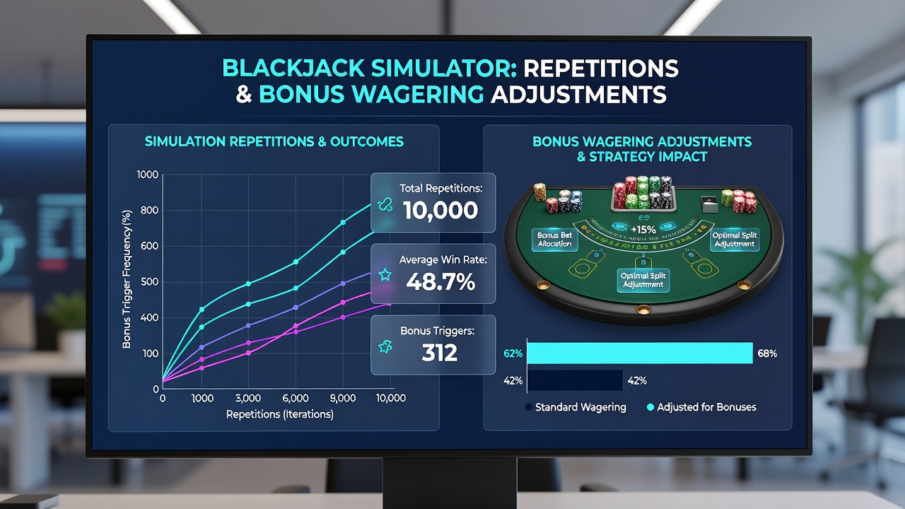 Detaillierte Ansicht eines digitalen Blackjack-Tisches mit Bonus-Wagering-Statistiken und Simulator-Feedback