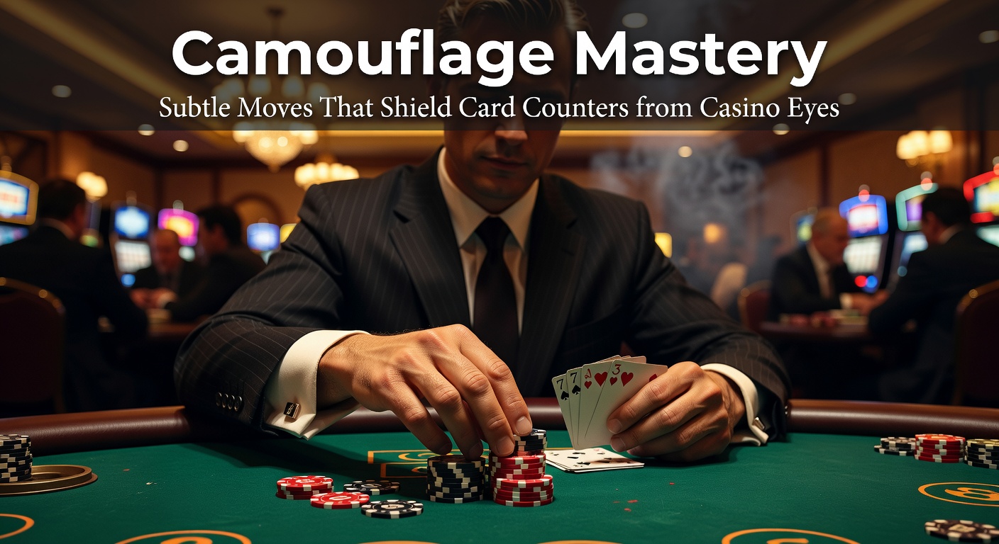 Ein Spieler am Blackjack-Tisch, der unauffällig wirkt, während er Karten beobachtet, umgeben von Casino-Lichtern und Überwachungskameras