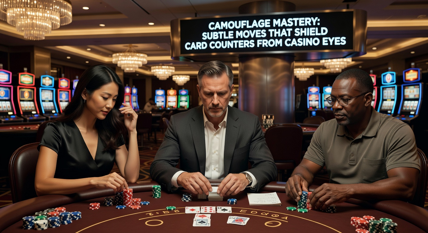 Nahaufnahme eines Pokerface am Tisch: Ein Spieler lächelt entspannt, während er Karten begutachtet, mit Casino-Chips im Vordergrund