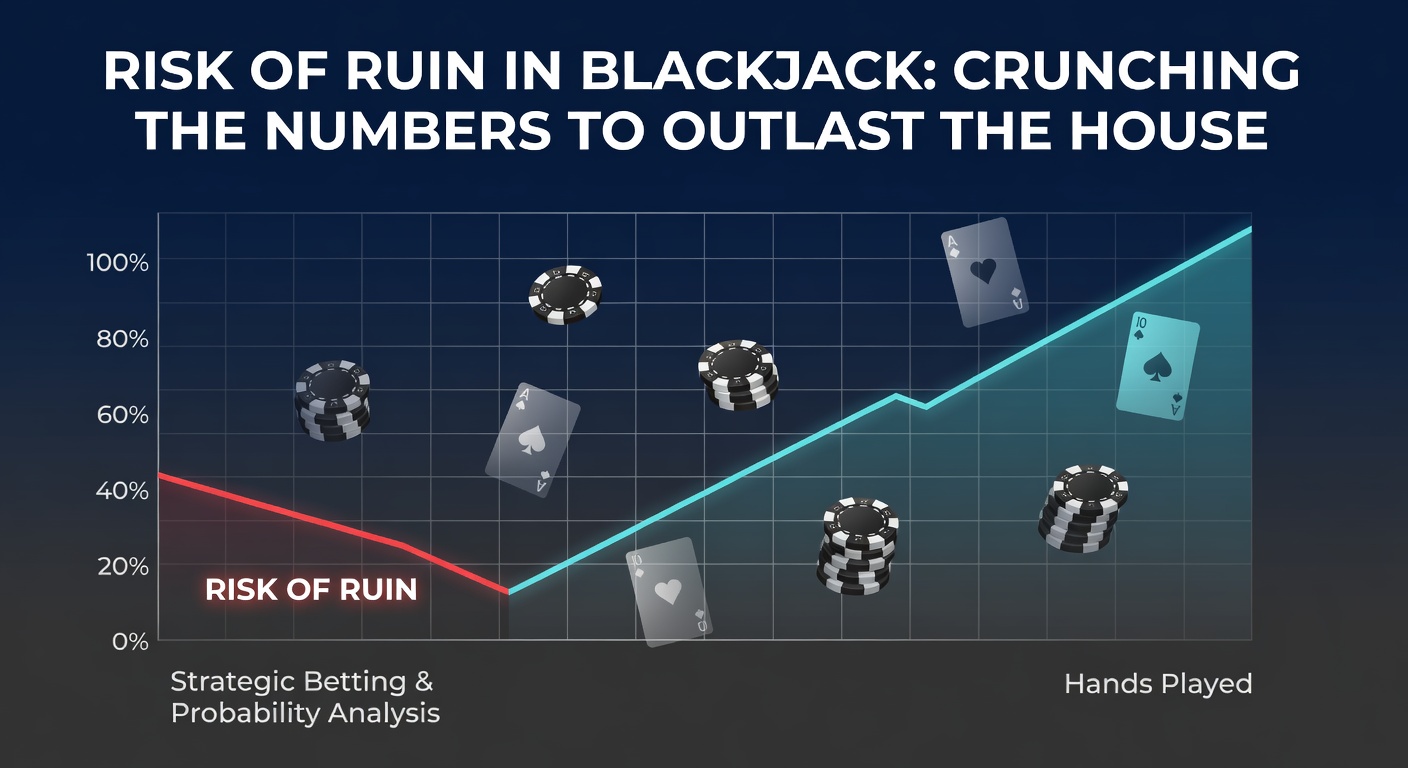 Grafik, die das Risiko des Ruins in einer Blackjack-Session darstellt, mit Kurven für Bankroll-Verläufe und Wahrscheinlichkeitsbalken