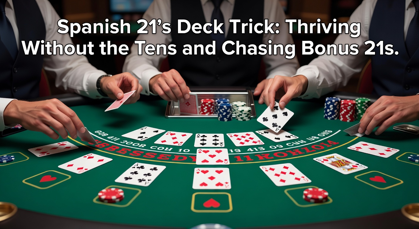 Nahaufnahme einer Bonus-21-Hand in Spanish 21, mit Auszahlungstabelle im Hintergrund